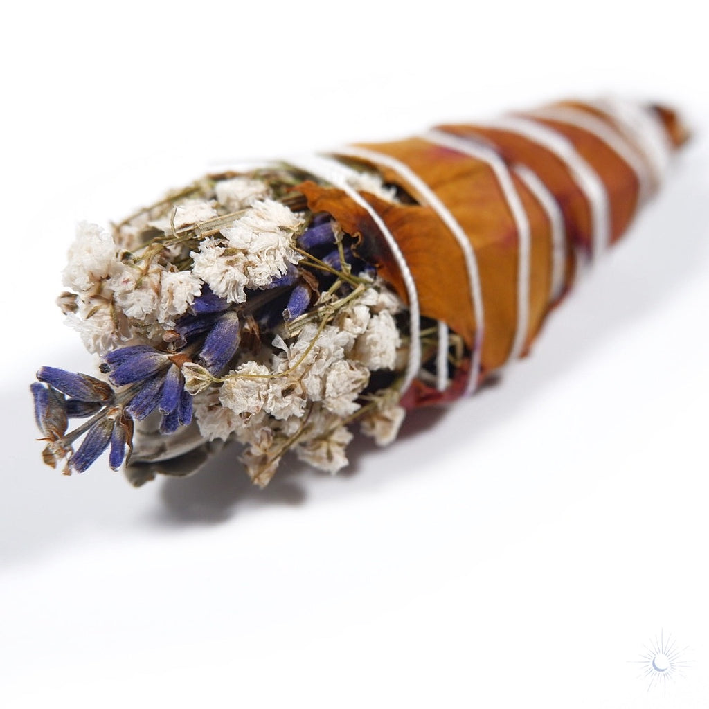 Side view of Mini White Sage Smudge Bundle with Lavender and Baby's Breath
