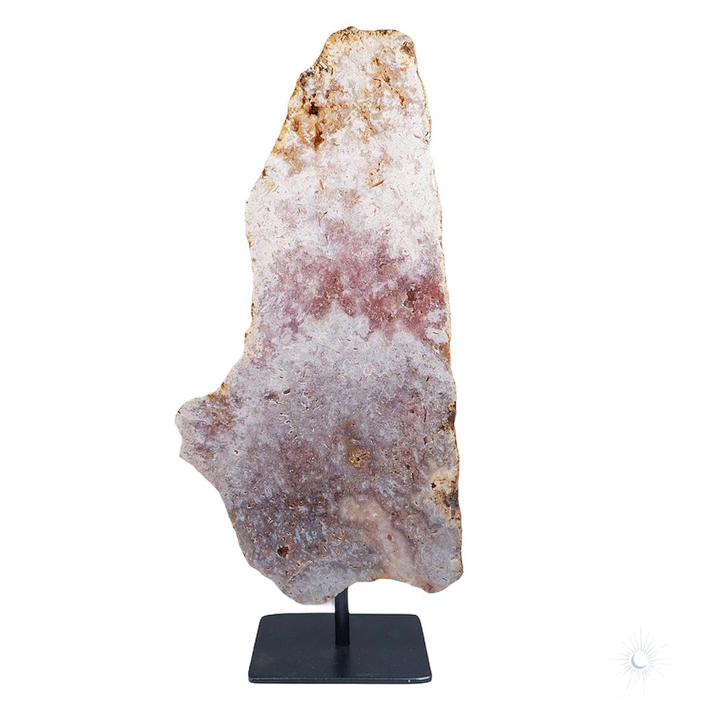 Front view of ethically sourced pink amethyst druzy slab from brazil on metal stand by Tsukiyo