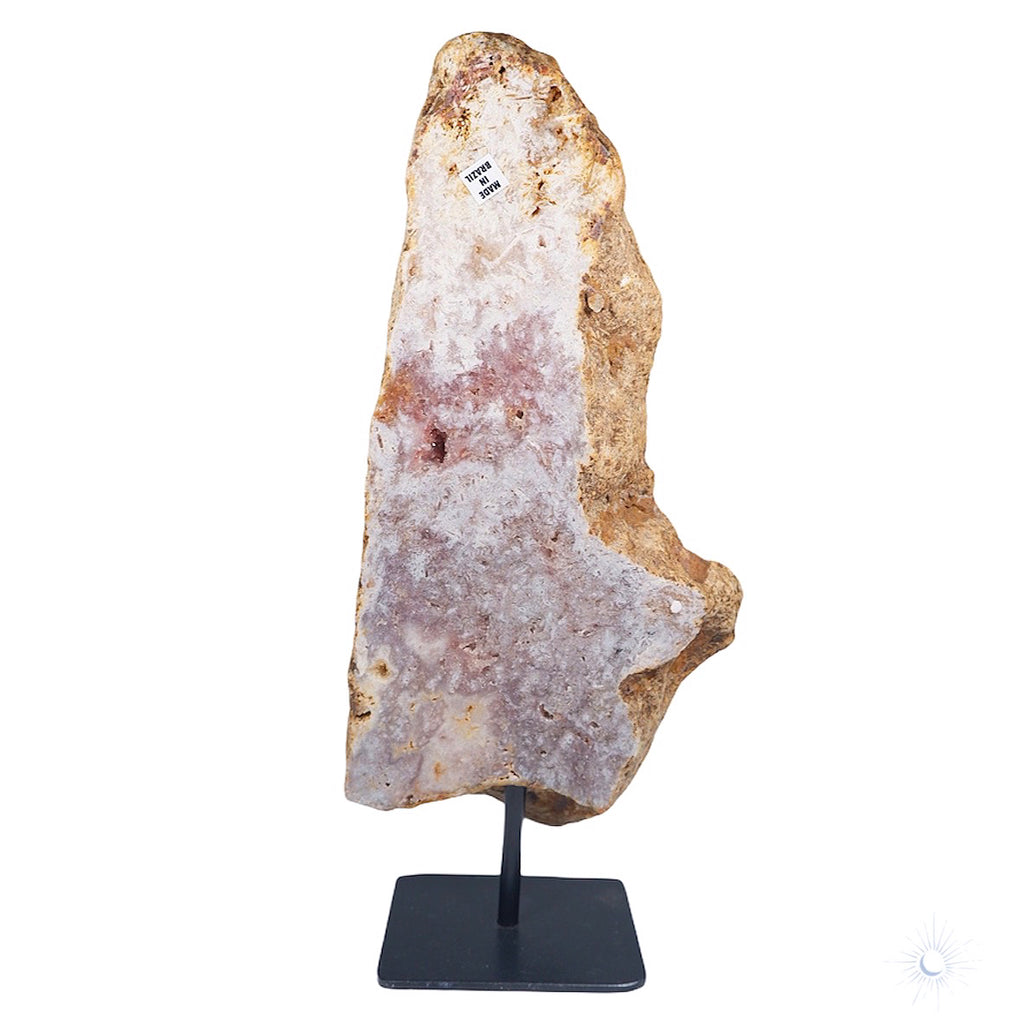 Back view of Tsukiyo Co ethically sourced pink amethyst druzy slab from brazil on metal stand