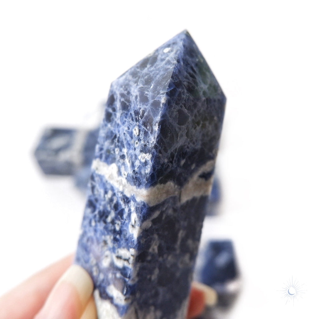 Details of ethically sourced sodalite obelisk for focus by Tsukiyo Co