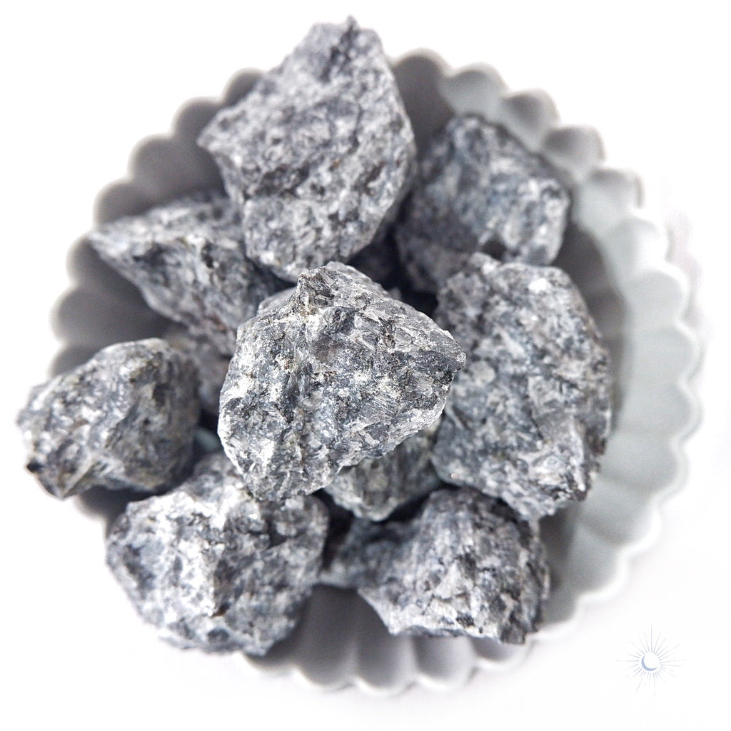 Full view of ethically sourced Larvikite raw chunks by Tsukiyo Co