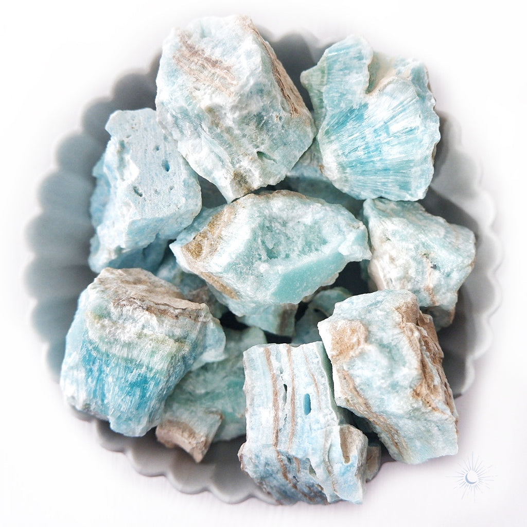 Full view of ethically sourced raw blue aragonite chunks by Tsukiyo