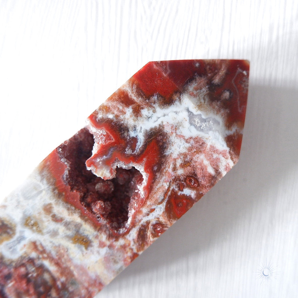 red druzy with pink, white and maroon ocean jasper obelisk by Tsukiyo Co