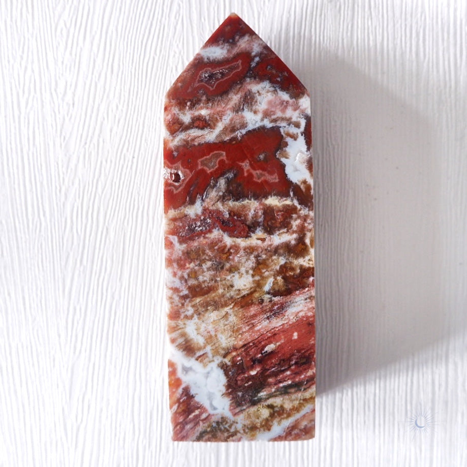Back view of red druzy with pink, white and maroon ocean jasper obelisk by Tsukiyo Co