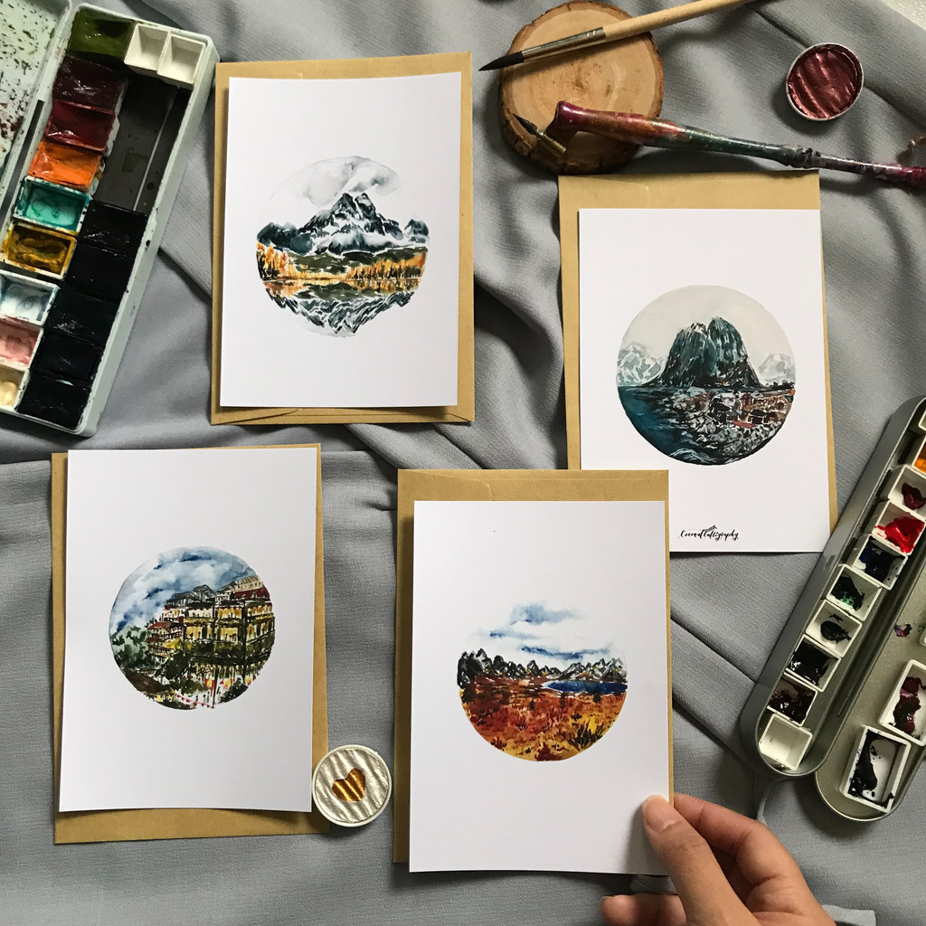 Custom designed watercolour postcards of Jiufen Taiwan, Norway Lofoten, Canada Pyramid Lake and Yukon by CoconutCalligraphy