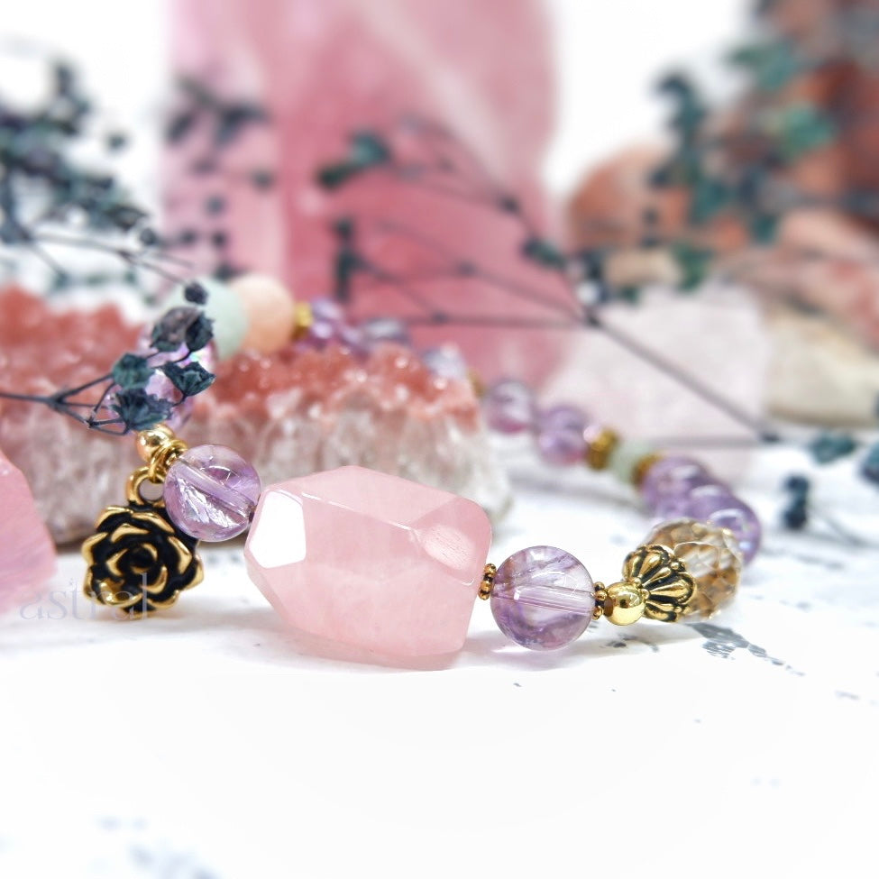 Side view of Time for Tea Tranquility bracelet by Astral by Tsukiyo, featuring the rose quartz